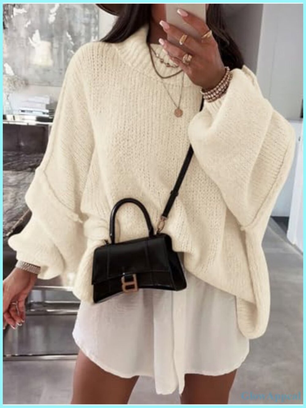 Oversized Mock Neck Tunic Sweater Ribbed Knit Batwing Long Sleeve Pullover